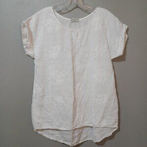 Terzo Millennio Made In Italy White Linen Embordered Flowers Blouse Size S